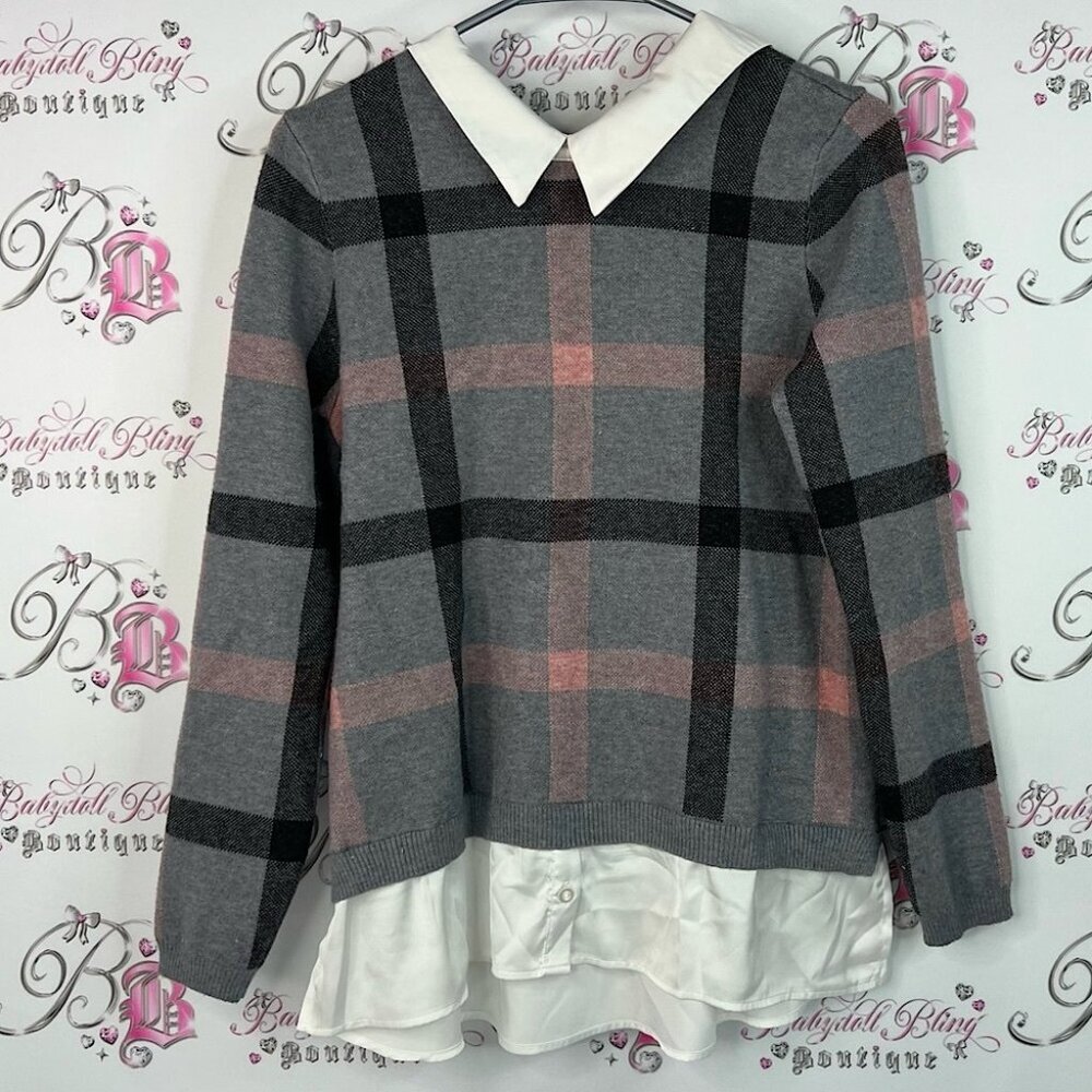 Tahari shirt dual preppy plaid Pink and Gray Knit Sweater with White Trim